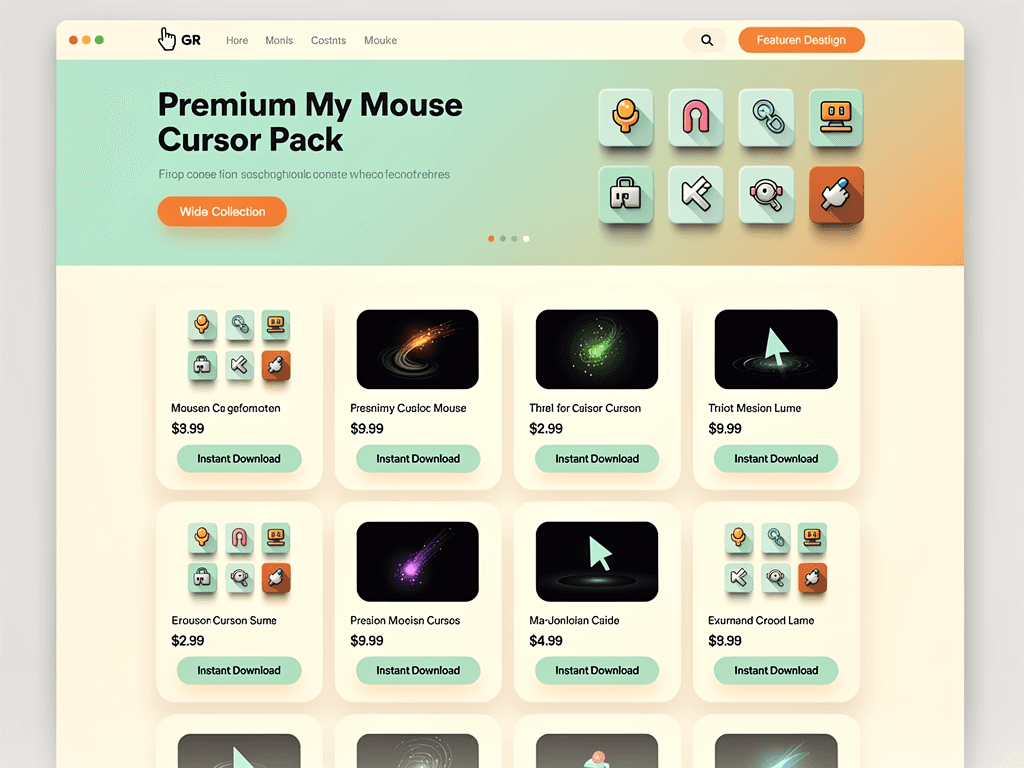 Cursor Vault storefront with a grid of animated cursor pack product cards and instant-download buttons.