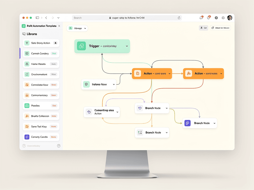 FlowForge node-based workflow automation builder with connected trigger and action nodes.