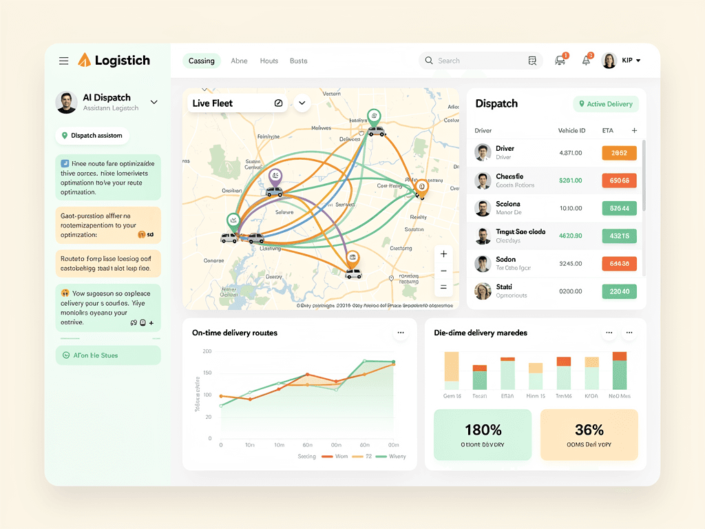 Northwind Ops logistics dashboard with a live fleet route map, dispatch board, and delivery analytics.